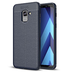 Coque Silicone Gel Motif Cuir Housse Etui pour Samsung Galaxy A8+ A8 Plus (2018) Duos A730F Bleu