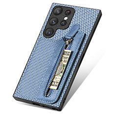 Coque Silicone Gel Motif Cuir Housse Etui SD6 pour Samsung Galaxy S22 Ultra 5G Bleu