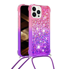 Coque Silicone Housse Etui Gel Bling-Bling avec Laniere Strap S01 pour Apple iPhone 13 Pro Max Rose Rouge