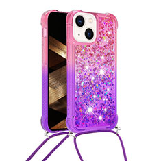 Coque Silicone Housse Etui Gel Bling-Bling avec Laniere Strap S01 pour Apple iPhone 15 Rose Rouge