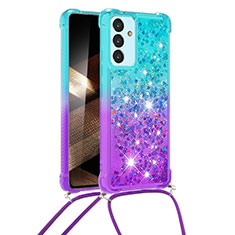 Coque Silicone Housse Etui Gel Bling-Bling avec Laniere Strap S01 pour Samsung Galaxy A15 5G Bleu Ciel