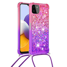 Coque Silicone Housse Etui Gel Bling-Bling avec Laniere Strap S01 pour Samsung Galaxy A22 5G Rose Rouge