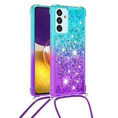 Coque Silicone Housse Etui Gel Bling-Bling avec Laniere Strap S01 pour Samsung Galaxy A25 5G Bleu Ciel