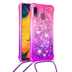 Coque Silicone Housse Etui Gel Bling-Bling avec Laniere Strap S01 pour Samsung Galaxy A30 Rose Rouge
