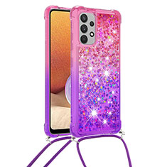 Coque Silicone Housse Etui Gel Bling-Bling avec Laniere Strap S01 pour Samsung Galaxy A32 5G Rose Rouge
