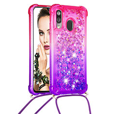 Coque Silicone Housse Etui Gel Bling-Bling avec Laniere Strap S01 pour Samsung Galaxy A40 Rose Rouge