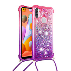 Coque Silicone Housse Etui Gel Bling-Bling avec Laniere Strap S01 pour Samsung Galaxy M11 Rose Rouge
