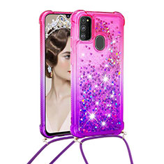 Coque Silicone Housse Etui Gel Bling-Bling avec Laniere Strap S01 pour Samsung Galaxy M21 Rose Rouge