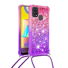 Coque Silicone Housse Etui Gel Bling-Bling avec Laniere Strap S01 pour Samsung Galaxy M21s Rose Rouge