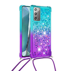 Coque Silicone Housse Etui Gel Bling-Bling avec Laniere Strap S01 pour Samsung Galaxy Note 20 5G Bleu Ciel