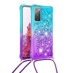 Coque Silicone Housse Etui Gel Bling-Bling avec Laniere Strap S01 pour Samsung Galaxy S20 Lite 5G Bleu Ciel