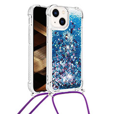 Coque Silicone Housse Etui Gel Bling-Bling avec Laniere Strap S02 pour Apple iPhone 14 Bleu