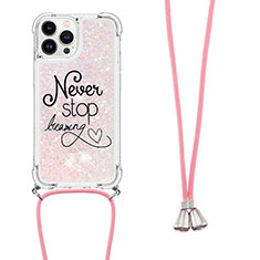 Coque Silicone Housse Etui Gel Bling-Bling avec Laniere Strap S02 pour Apple iPhone 15 Pro Max Or Rose