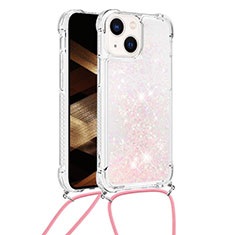Coque Silicone Housse Etui Gel Bling-Bling avec Laniere Strap S02 pour Apple iPhone 15 Rose