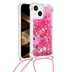 Coque Silicone Housse Etui Gel Bling-Bling avec Laniere Strap S02 pour Apple iPhone 15 Rouge