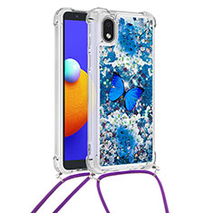 Coque Silicone Housse Etui Gel Bling-Bling avec Laniere Strap S02 pour Samsung Galaxy A01 Core Bleu