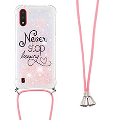 Coque Silicone Housse Etui Gel Bling-Bling avec Laniere Strap S02 pour Samsung Galaxy A01 SM-A015 Rose