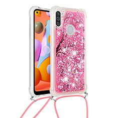Coque Silicone Housse Etui Gel Bling-Bling avec Laniere Strap S02 pour Samsung Galaxy A11 Rose Rouge