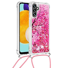 Coque Silicone Housse Etui Gel Bling-Bling avec Laniere Strap S02 pour Samsung Galaxy A13 5G Rose Rouge