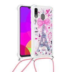Coque Silicone Housse Etui Gel Bling-Bling avec Laniere Strap S02 pour Samsung Galaxy A20 Rose