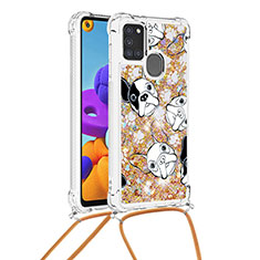 Coque Silicone Housse Etui Gel Bling-Bling avec Laniere Strap S02 pour Samsung Galaxy A21s Or