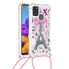 Coque Silicone Housse Etui Gel Bling-Bling avec Laniere Strap S02 pour Samsung Galaxy A21s Rose