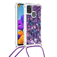 Coque Silicone Housse Etui Gel Bling-Bling avec Laniere Strap S02 pour Samsung Galaxy A21s Violet