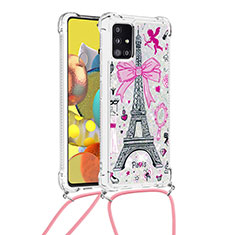 Coque Silicone Housse Etui Gel Bling-Bling avec Laniere Strap S02 pour Samsung Galaxy A51 4G Rose