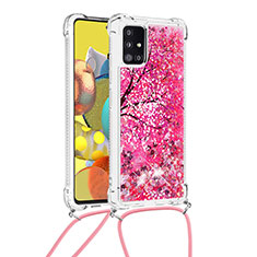 Coque Silicone Housse Etui Gel Bling-Bling avec Laniere Strap S02 pour Samsung Galaxy A51 4G Rose Rouge