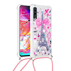 Coque Silicone Housse Etui Gel Bling-Bling avec Laniere Strap S02 pour Samsung Galaxy A70 Rose