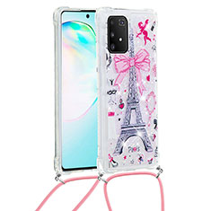 Coque Silicone Housse Etui Gel Bling-Bling avec Laniere Strap S02 pour Samsung Galaxy A91 Rose