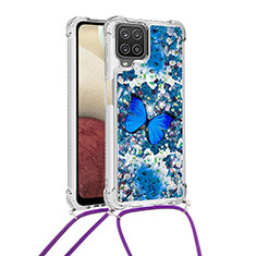 Coque Silicone Housse Etui Gel Bling-Bling avec Laniere Strap S02 pour Samsung Galaxy F12 Bleu