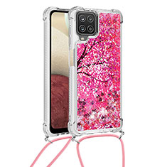 Coque Silicone Housse Etui Gel Bling-Bling avec Laniere Strap S02 pour Samsung Galaxy F12 Rose Rouge