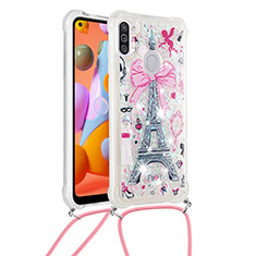 Coque Silicone Housse Etui Gel Bling-Bling avec Laniere Strap S02 pour Samsung Galaxy M11 Rose