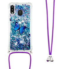 Coque Silicone Housse Etui Gel Bling-Bling avec Laniere Strap S02 pour Samsung Galaxy M20 Bleu