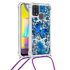 Coque Silicone Housse Etui Gel Bling-Bling avec Laniere Strap S02 pour Samsung Galaxy M21s Bleu