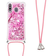Coque Silicone Housse Etui Gel Bling-Bling avec Laniere Strap S02 pour Samsung Galaxy M30 Rose Rouge