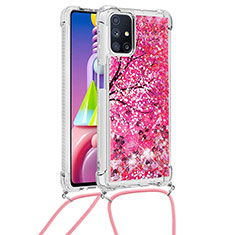 Coque Silicone Housse Etui Gel Bling-Bling avec Laniere Strap S02 pour Samsung Galaxy M51 Rose Rouge