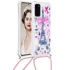 Coque Silicone Housse Etui Gel Bling-Bling avec Laniere Strap S02 pour Samsung Galaxy S20 5G Rose