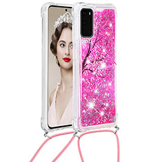 Coque Silicone Housse Etui Gel Bling-Bling avec Laniere Strap S02 pour Samsung Galaxy S20 5G Rose Rouge