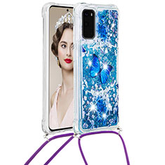 Coque Silicone Housse Etui Gel Bling-Bling avec Laniere Strap S02 pour Samsung Galaxy S20 Bleu