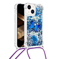 Coque Silicone Housse Etui Gel Bling-Bling avec Laniere Strap S03 pour Apple iPhone 15 Bleu