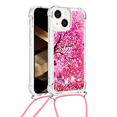 Coque Silicone Housse Etui Gel Bling-Bling avec Laniere Strap S03 pour Apple iPhone 15 Rose Rouge