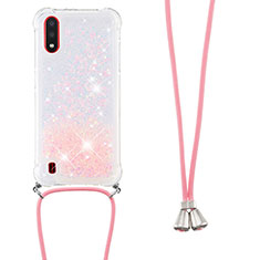 Coque Silicone Housse Etui Gel Bling-Bling avec Laniere Strap S03 pour Samsung Galaxy A01 SM-A015 Rose