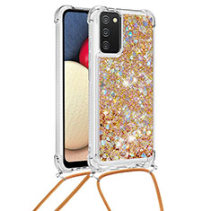 Coque Silicone Housse Etui Gel Bling-Bling avec Laniere Strap S03 pour Samsung Galaxy A03s Or