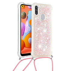Coque Silicone Housse Etui Gel Bling-Bling avec Laniere Strap S03 pour Samsung Galaxy A11 Rose
