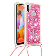 Coque Silicone Housse Etui Gel Bling-Bling avec Laniere Strap S03 pour Samsung Galaxy A11 Rose Rouge