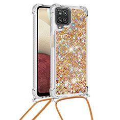 Coque Silicone Housse Etui Gel Bling-Bling avec Laniere Strap S03 pour Samsung Galaxy A12 Nacho Or