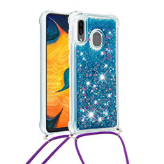 Coque Silicone Housse Etui Gel Bling-Bling avec Laniere Strap S03 pour Samsung Galaxy A20 Bleu