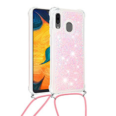 Coque Silicone Housse Etui Gel Bling-Bling avec Laniere Strap S03 pour Samsung Galaxy A20 Rose
